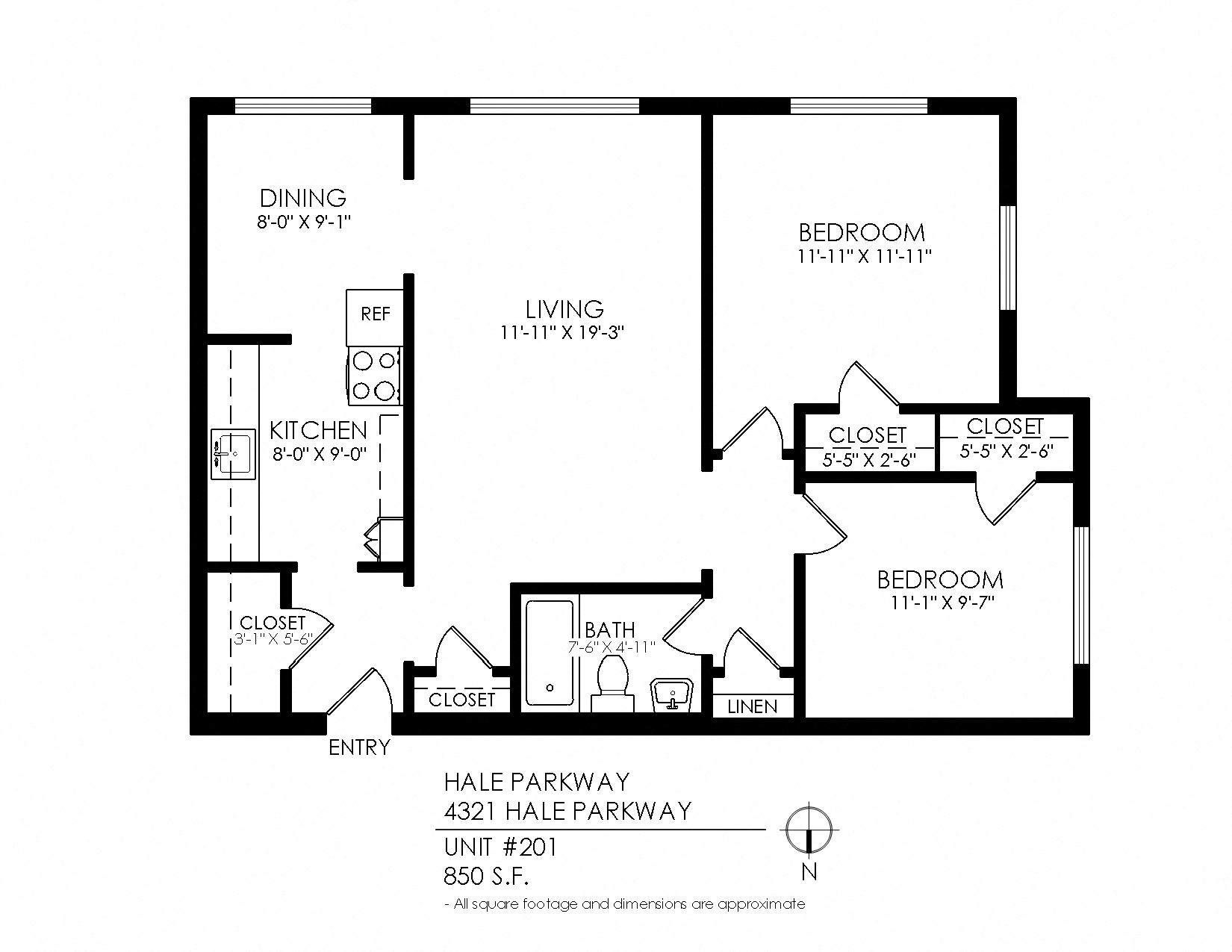 Floor plan for 2 beds, 1 bath, 850 sqft